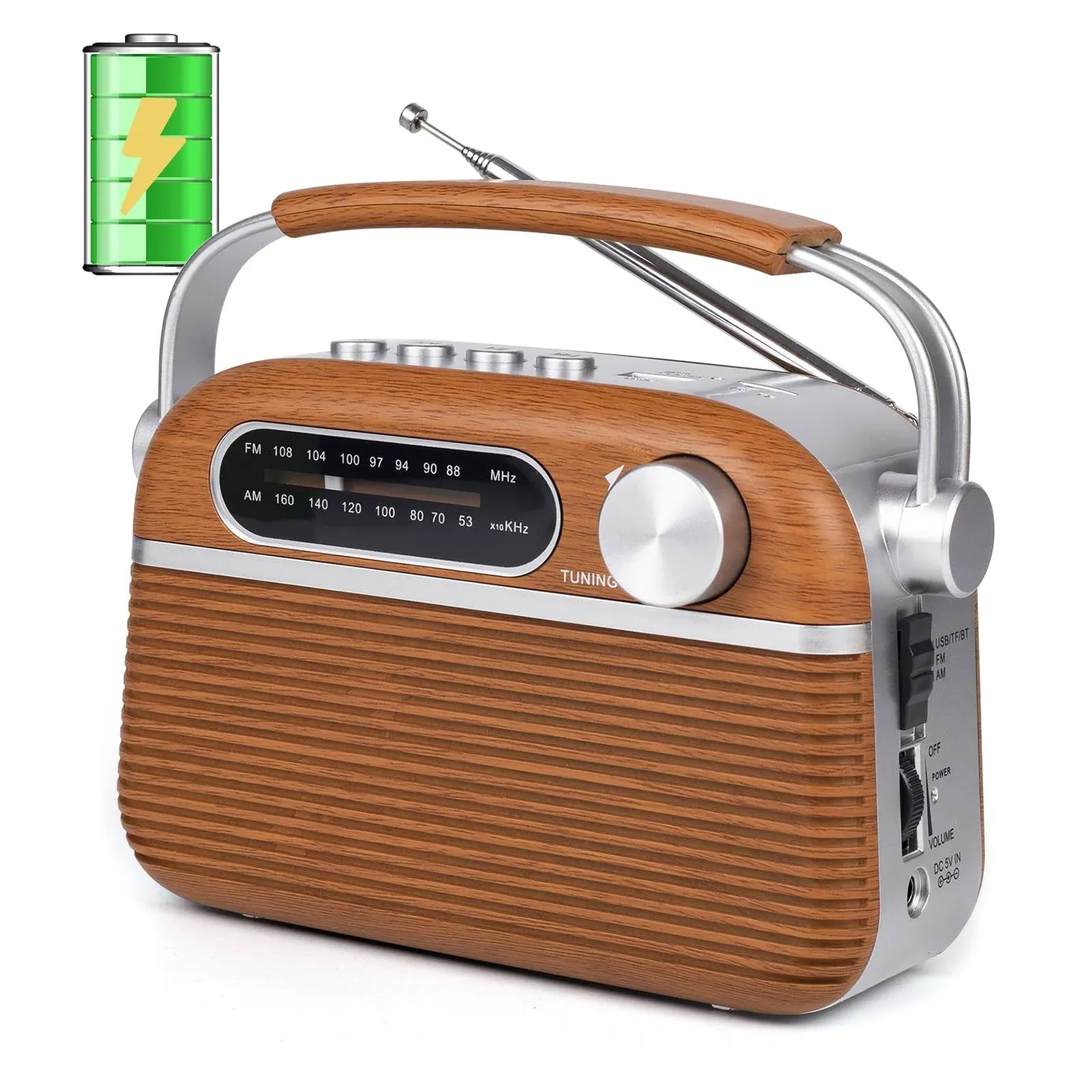  Portable AM FM Analog Radio Plug in Wall with Bluetooth Speak, 3-Way Power 