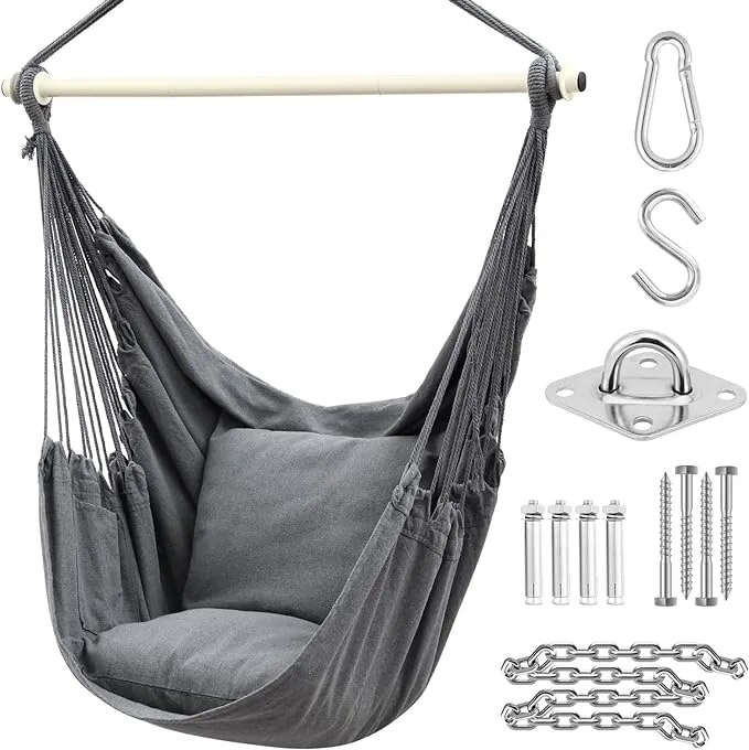 Hammock Chair Swing with Hardwares, Ohuhu XL Portable Hanging Chairs with Cushions Installation Kit Detachable Metal Support Bar Side Pocket for Indoor Outdoor Patio Bedrooms Teen Girls Room Decor