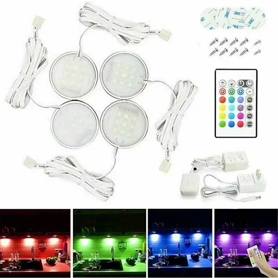 Tkoofn 4pcs Slim Round Shape RGB LED Under Cabinet Light Kit Color-Changing ...