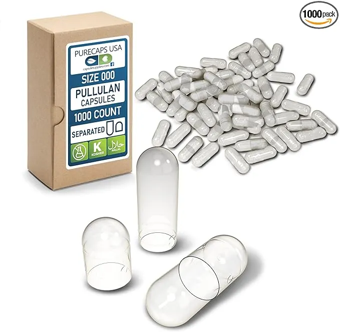 PureCaps USA - Empty Vegetarian Vegan Pullulan Pill Capsules Size 0, 1,000 Empty Separated Pullulan Pills, Clear, Non-GMO Certified, SLS Free, Gluten