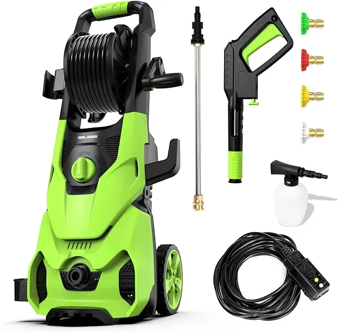 Rock&Rocker Powerful Electric Pressure Washer, 2150PSI Max 2.6 GPM Power Washer with Hose Reel, 4 Quick Connect Nozzles, Soap Tank, IPX5 Car Wash Machine/Car/Driveway/Patio Clean, Green