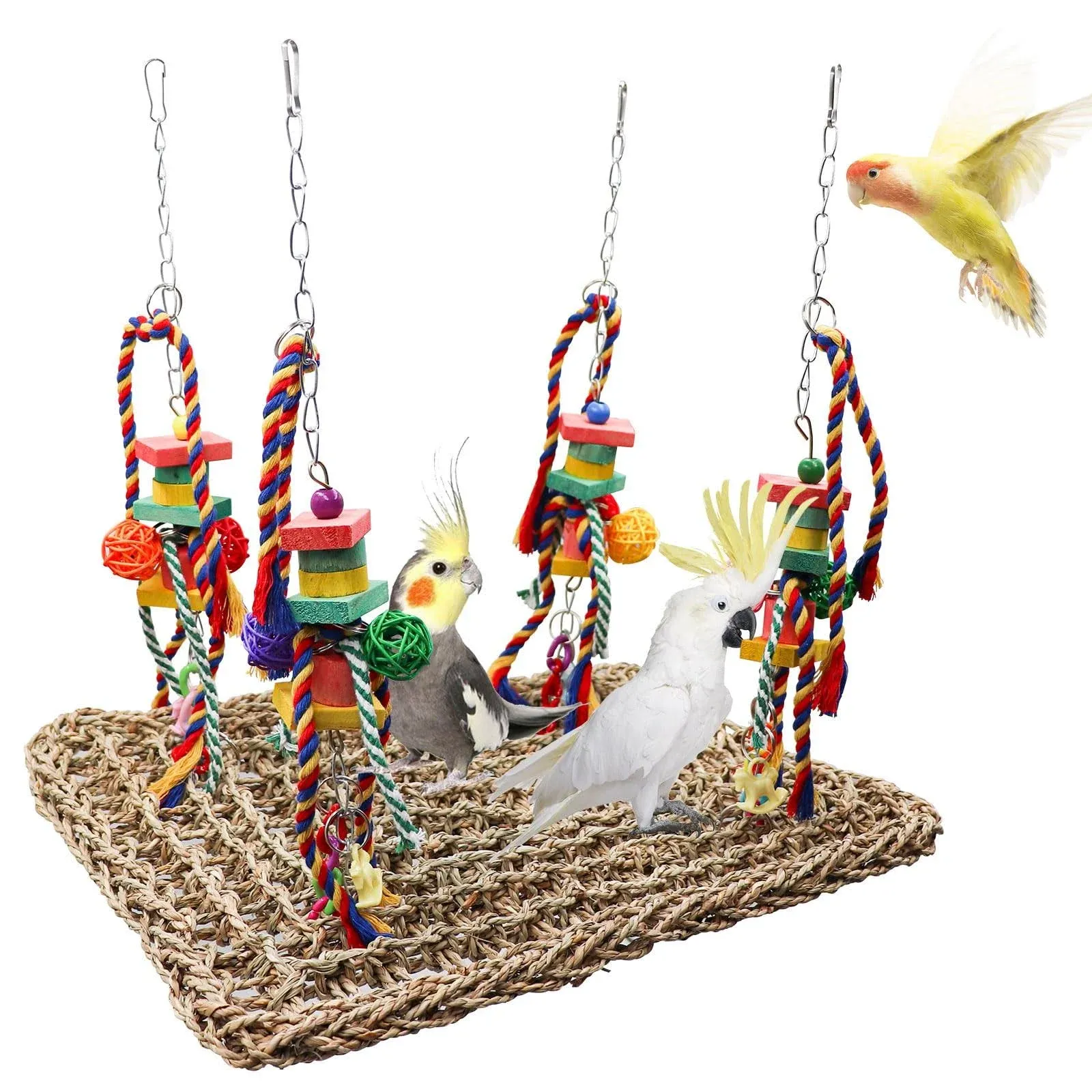 Large Bird Swing Toys,Colorful Parrot Seagrass Mat Hammock with Blocks, Bird Foraging Toy, Bird Cage Accessories, Suitable for Small to Medium Birds