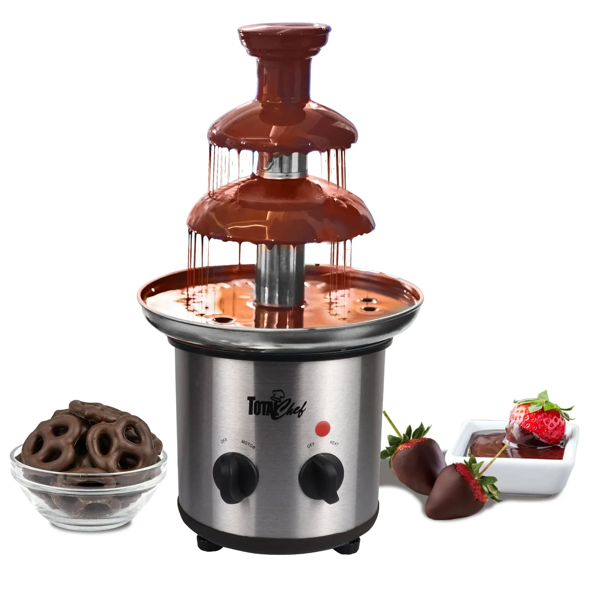 Total Chef 3 Tier Electric Chocolate Fondue Fountain Machine | Huge 1.5 Lbs Capacity | Adjustable Temperature | For Party Buffet Gathering | Dip Strawberries Apple Wedges and More | Stainless Still