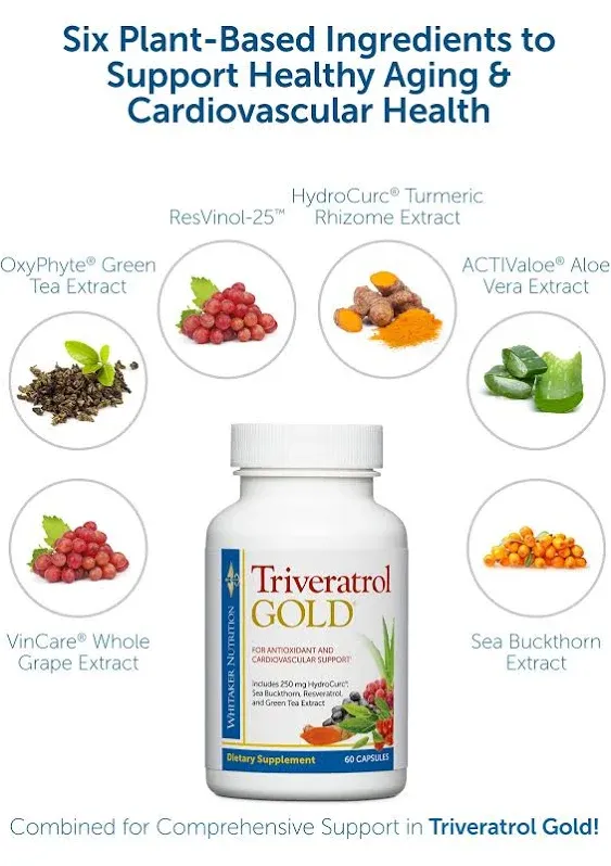 Dr. Whitaker's Triveratrol Gold – Healthy Aging Supplement with Resveratrol & Extracts of Aloe Vera, Green Tea, and Turmeric – Provides Antioxidant & Cardiovascular Support (60 Capsules)