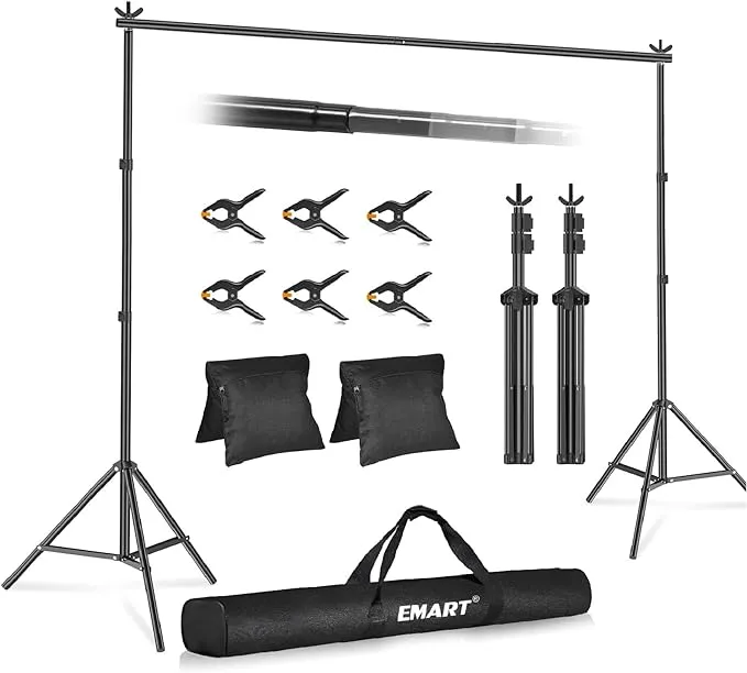 EMART Backdrop Stand 10x8.5ft(WxH) Photo Studio Adjustable Background Stand Support Kit with 2 Crossbars, 6 Backdrop Clamps, 2 Sandbags and Carrying