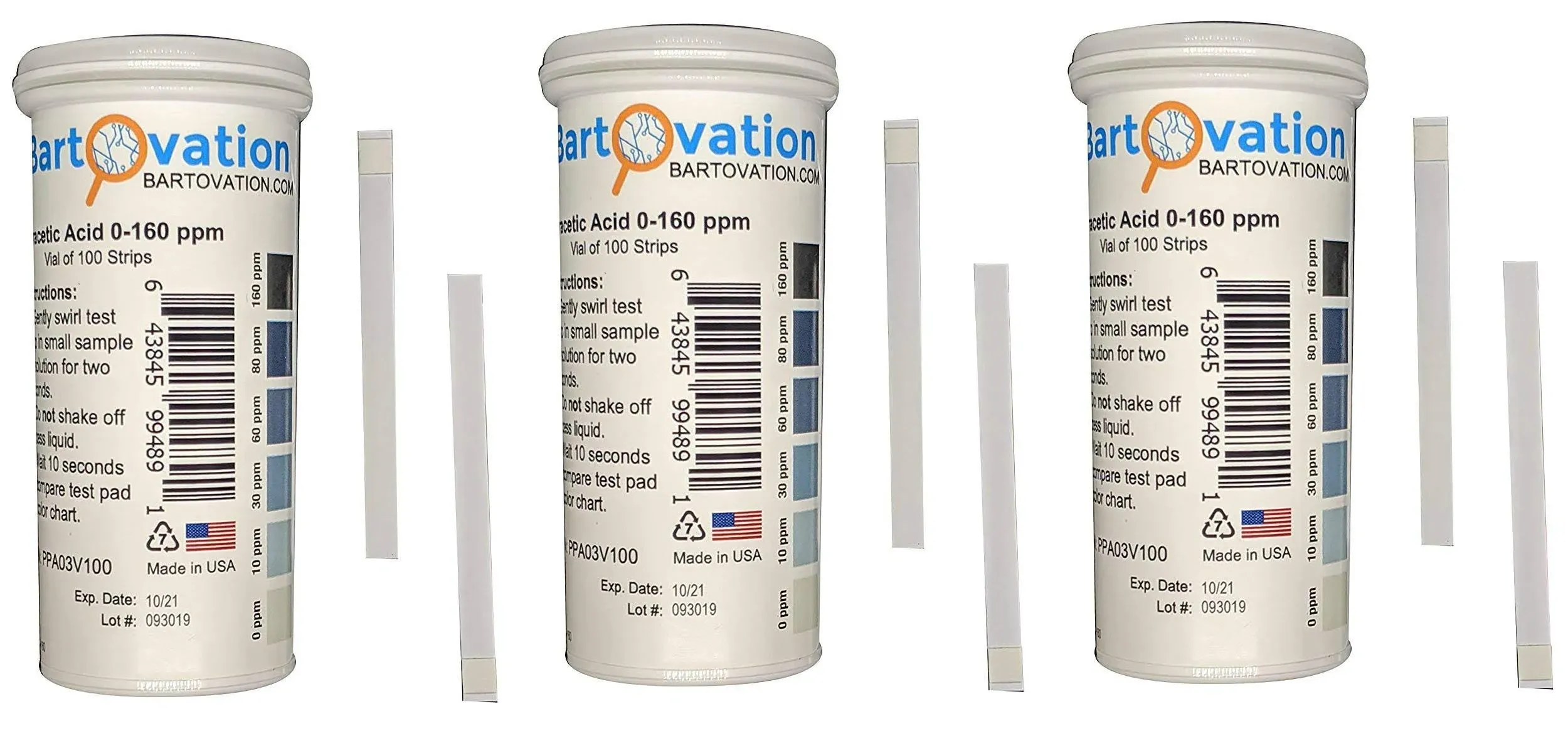 Peracetic Acid Test Strips, 0-160 ppm 3 Vials of 100 Strips per vial