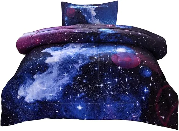 JQinHome Twin Galaxy Dark Blue Comforter Sets Blanket, 3D Outer Space Themed Bedding, All-Season Reversible Quilted Duvet, for Children Boy Girl Teen Kids - Includes 1 Comforter, 1 Pillow