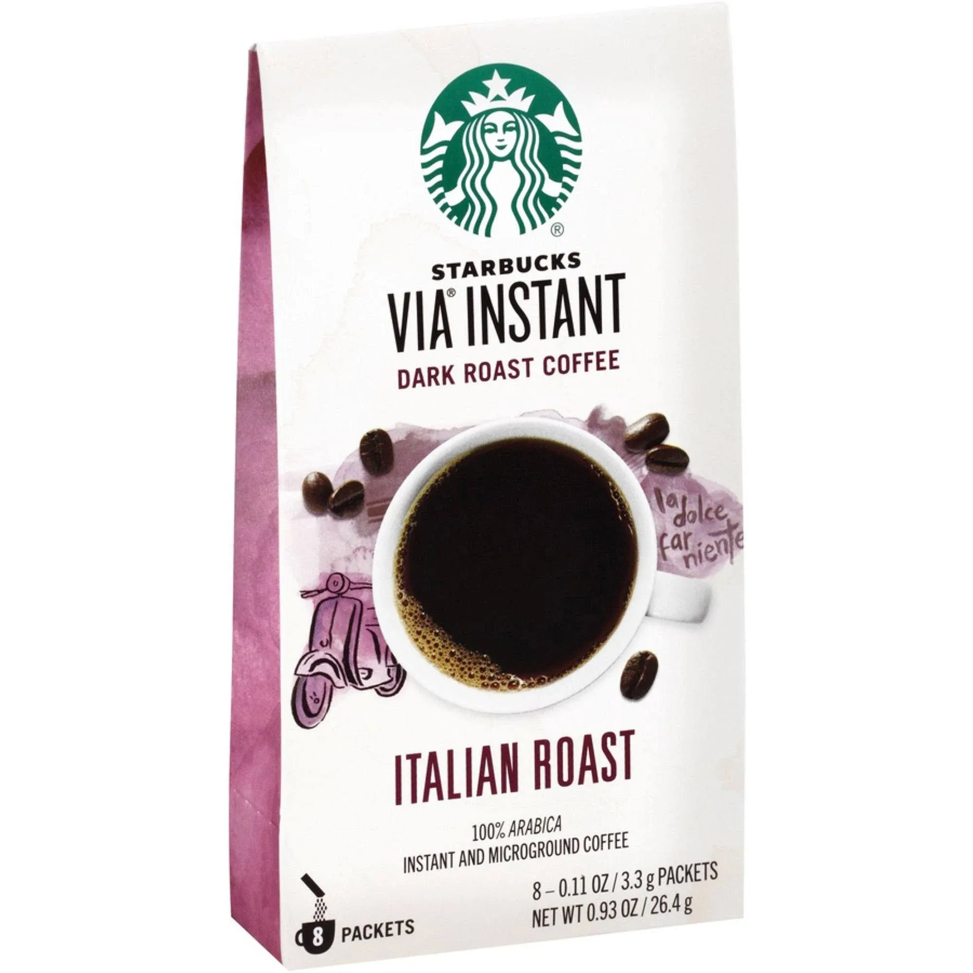 Starbucks Via Instant Coffee, Dark Roast, Italian Roast, Packets - 8 pack, 0.11 ...