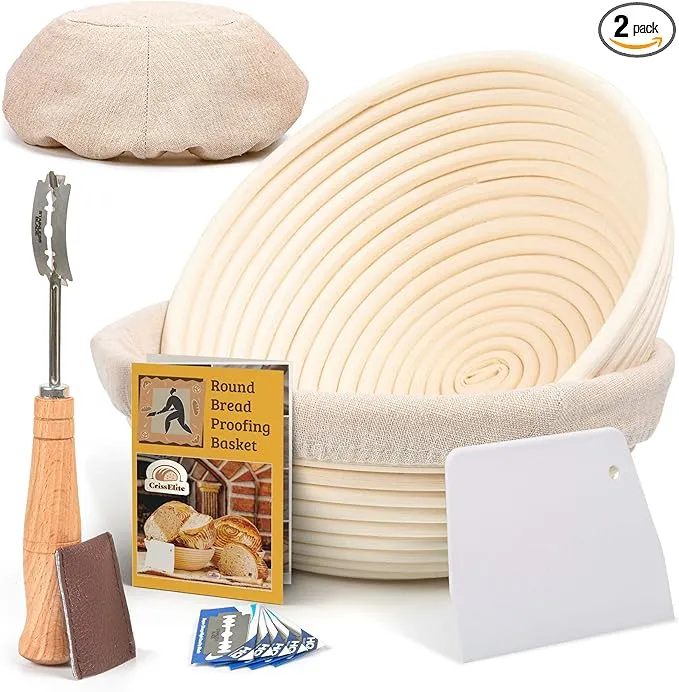 Criss Elite Bread Banneton Proofing Basket, Round 9" Set of 2, Sourdough Bread Baking Supplies Starter Kit, Bread Making Tools, Bread BAS