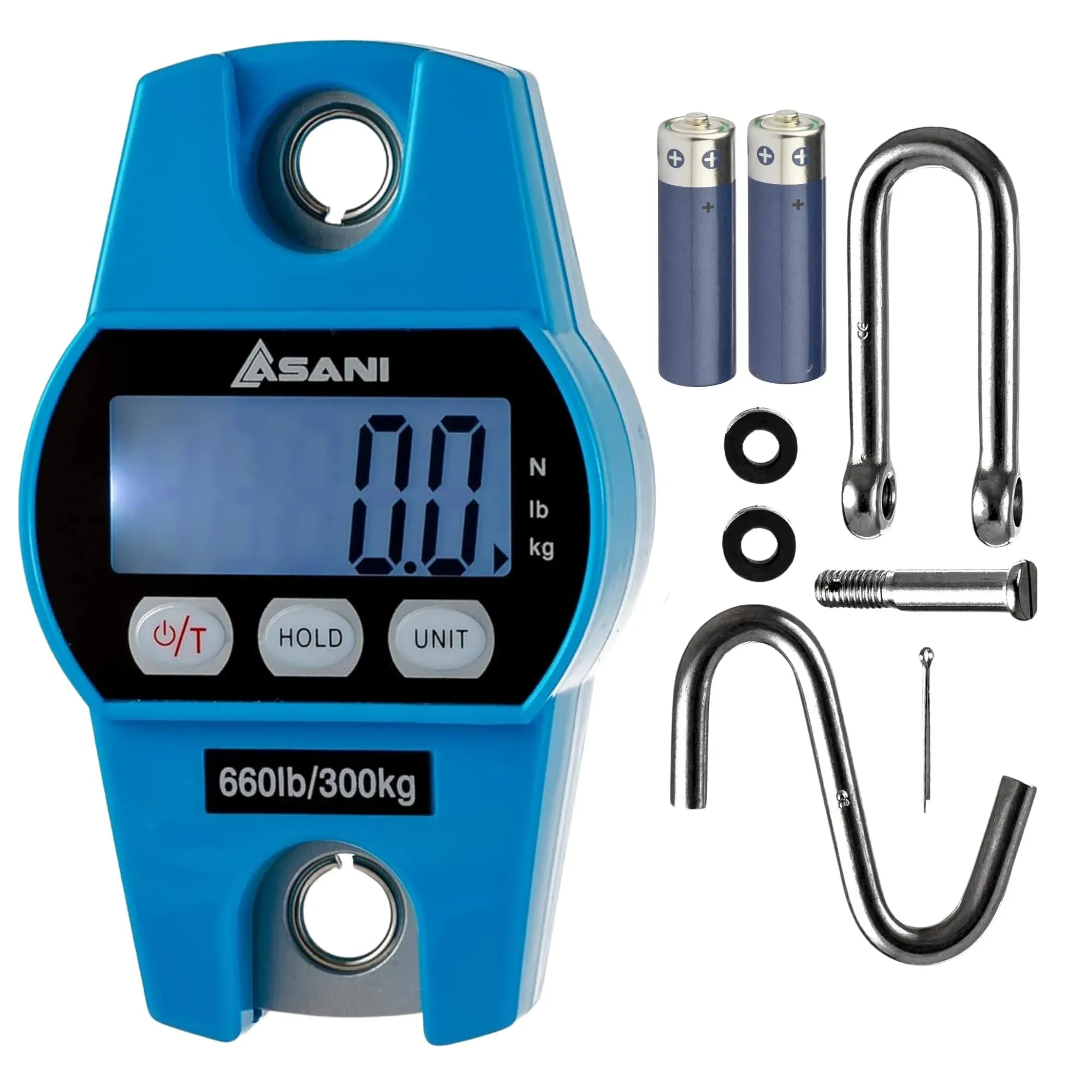 Asani Hanging Weight Scale | 660lb Digital Electronic Weighing Scale with Accurate Sensors | for Hunting, Outdoor, Bass Fishing, Big Game, Farm, Large Luggage, Hoyer Patient Lift (Polycarbonate Blue)