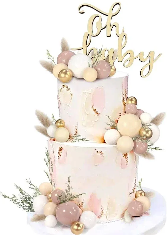 Wood Oh Baby Cake Topper Boho Cake Toppers Balls Cake Topper Decorations Baby Shower Decorations for Boho Baby Shower Birthday Wedding Gender Reveal Cake Decorations