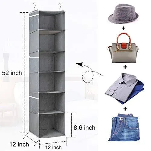 Univivi 6 Shelf Hanging Closet Organizer Hanging Shelves with 6 Side Pockets for Baby Clothes Organizer, Sweater, Shoe, Wardrobe - Gray