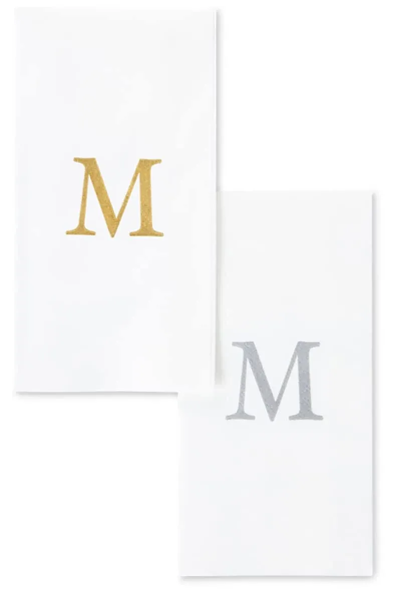 AH AMERICAN HOMESTEAD Lettered Disposable Hand Towels - Monogrammed Paper Hand Towels for Wedding, Guest Bathroom & Kitchen - Disposable Decorative Monogram Napkins - Set of 25 - Silver Letter M