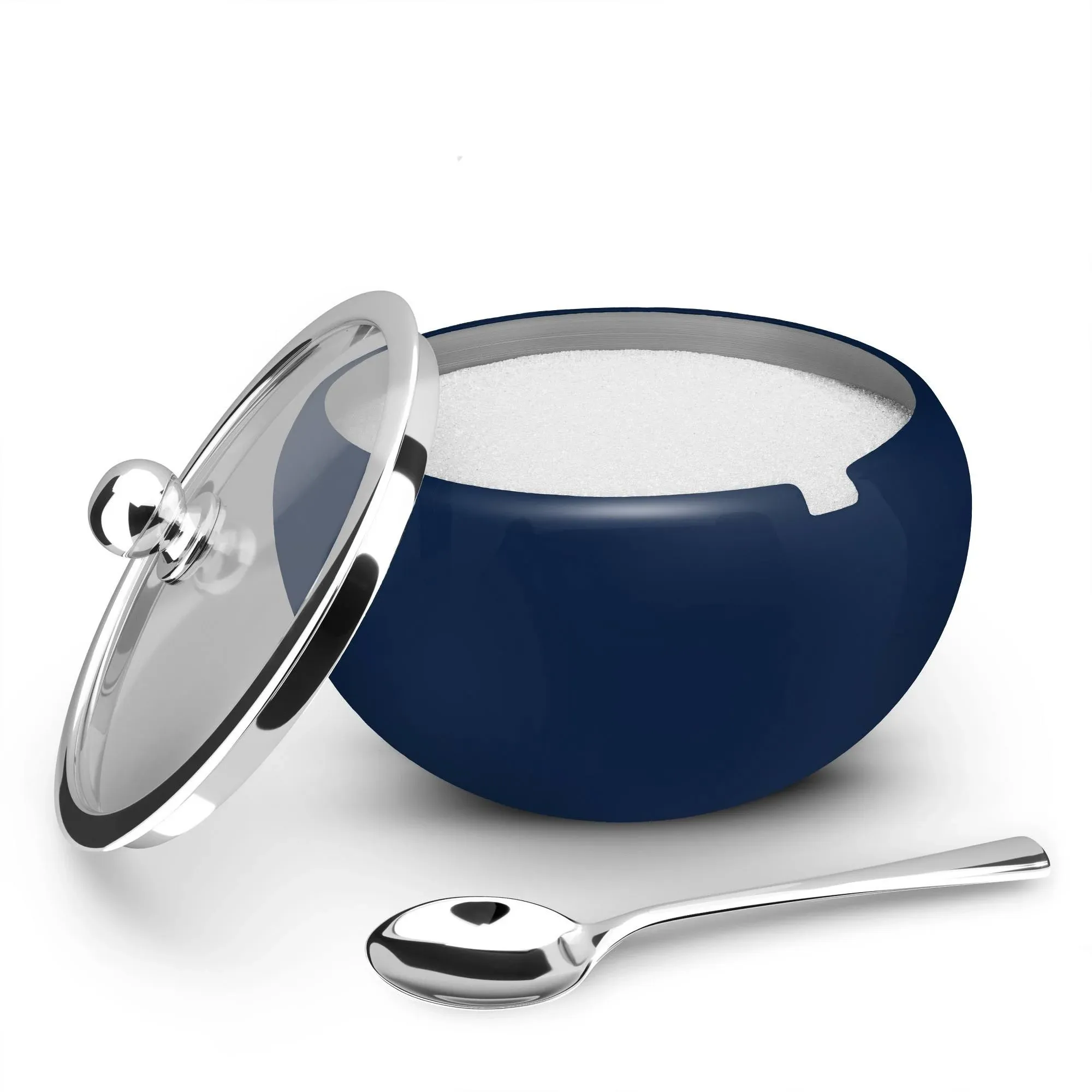 Kook Large Stainless Steel Sugar Bowl and Spoon, Glass Lid, 16 oz, Navy