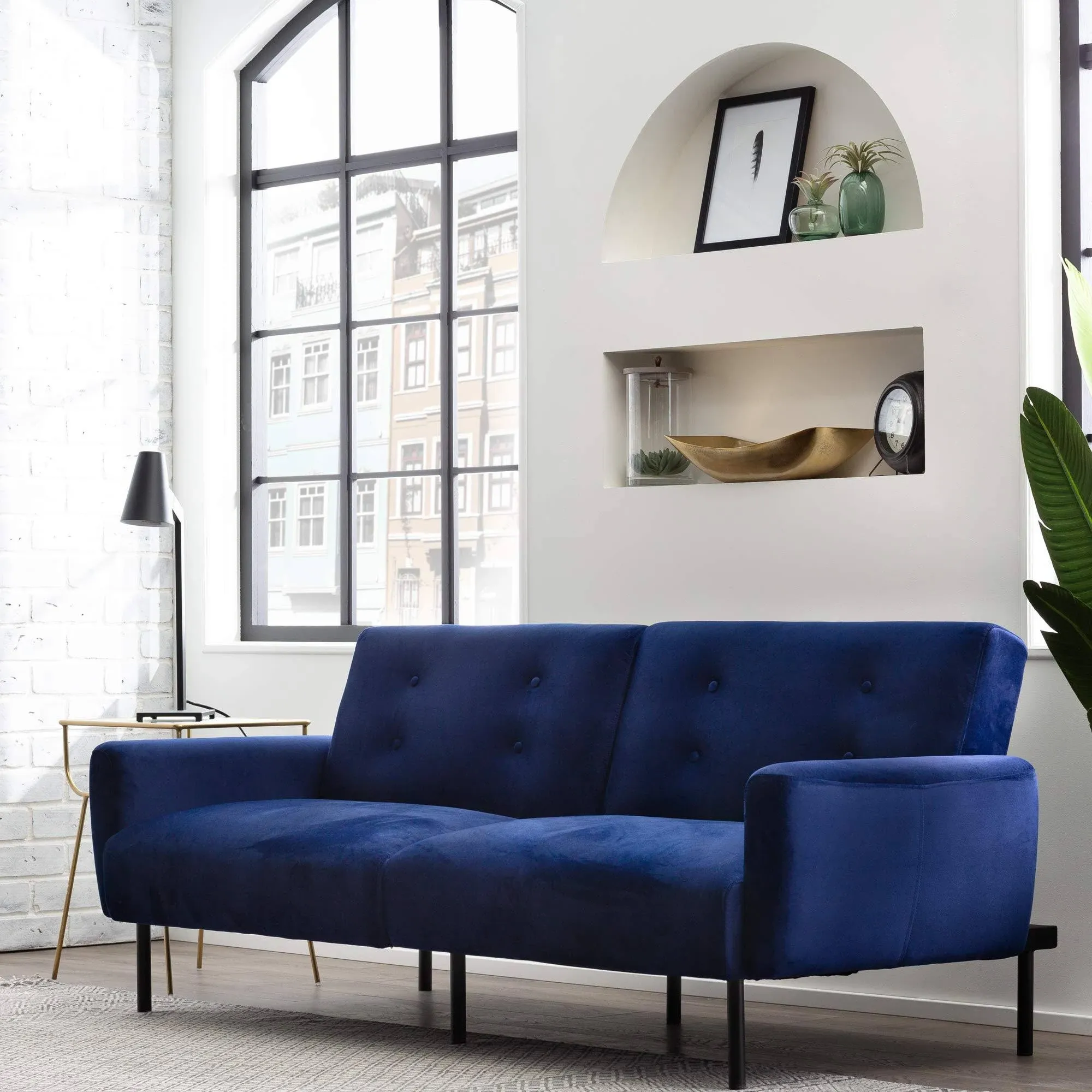 Edenbrook Gilman Futon - Futon Sofa Bed - Futon Couch - Small Futon - Living Room Furniture - Armed Sofa Bed Couch - Sleeper Sofa - Navy Blue Velvet Futon, Deluxe