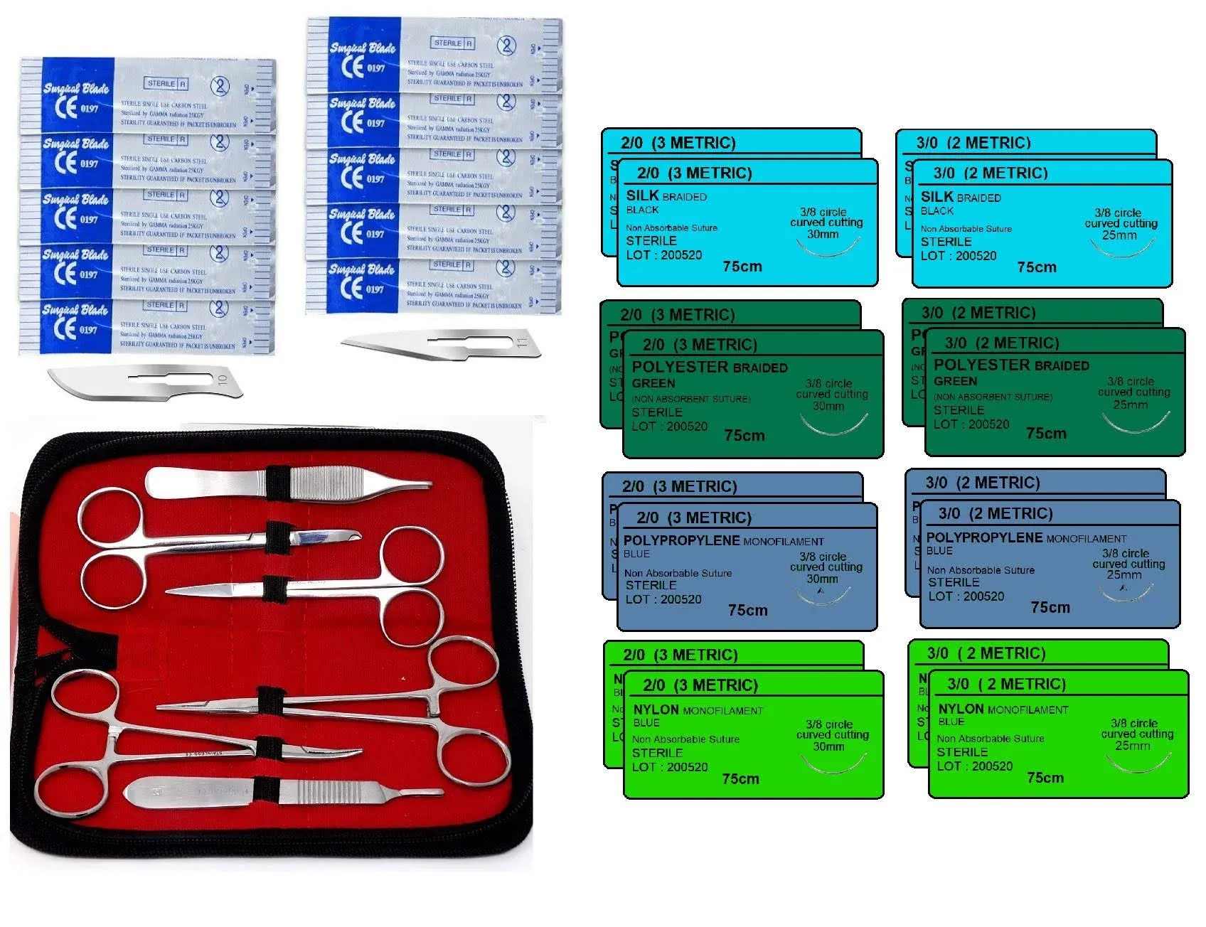 Sterile Sutures Thread with Needle Plus Tools - First Aid Field Emergency, Trauma Educational Suture Kit; Taxidermy, Nursing and Vet Students (16 Mixed 2/0, 3/0 with 16 Instruments) 32PK