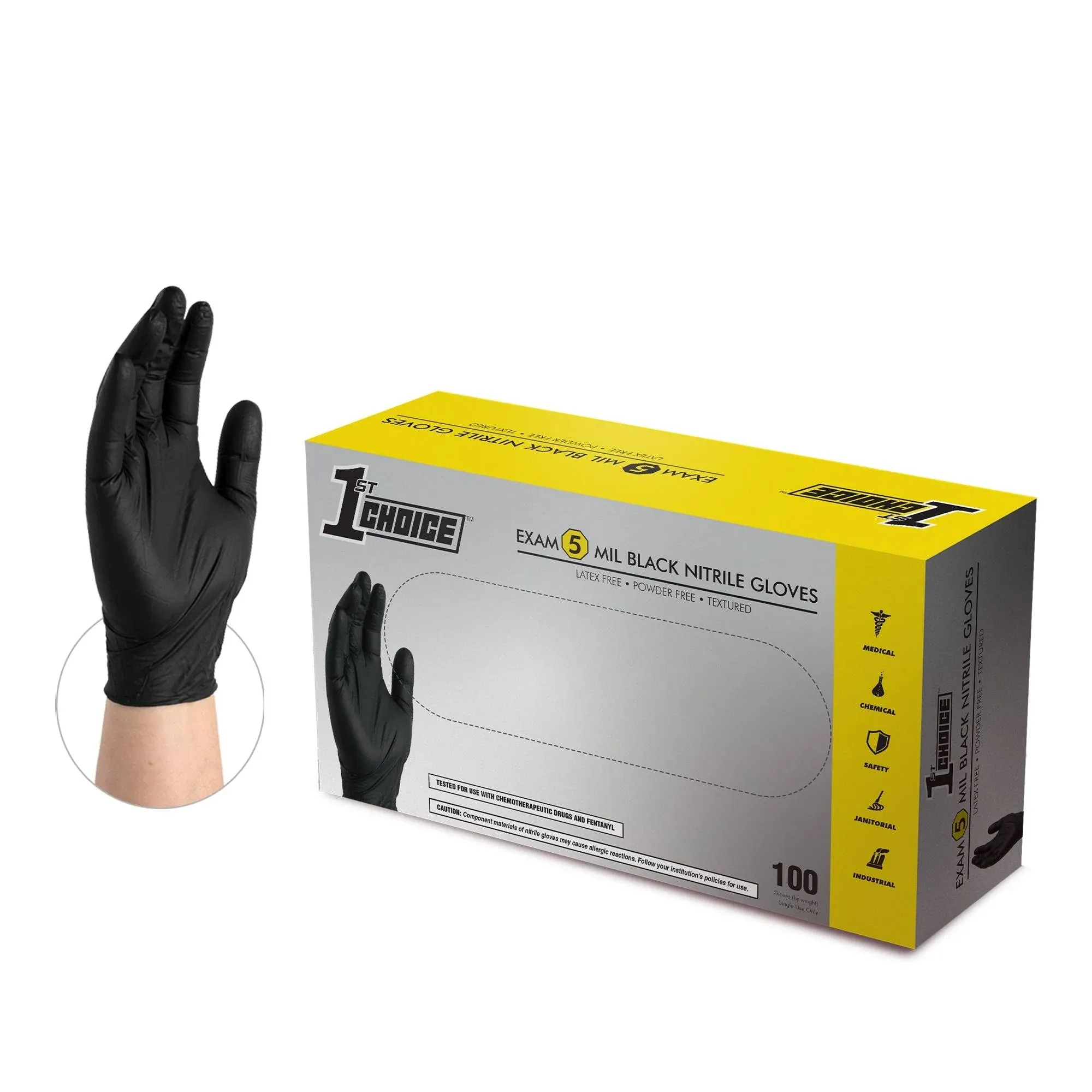 1st Choice 5 Mil Disposable Gloves, Black Nitrile Exam Gloves, Small, Box of 100 ...