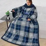 PAVILIA Sherpa Fleece Blanket with Sleeves Women Men Adult, Wearable Blanket Warm Soft Plush Thick, Hug Sleep Pod Snuggle Pocket Sleeved TV Throw Wrap, Cozy Christmas Gifts Ideas Mom Wife, Plaid Gray