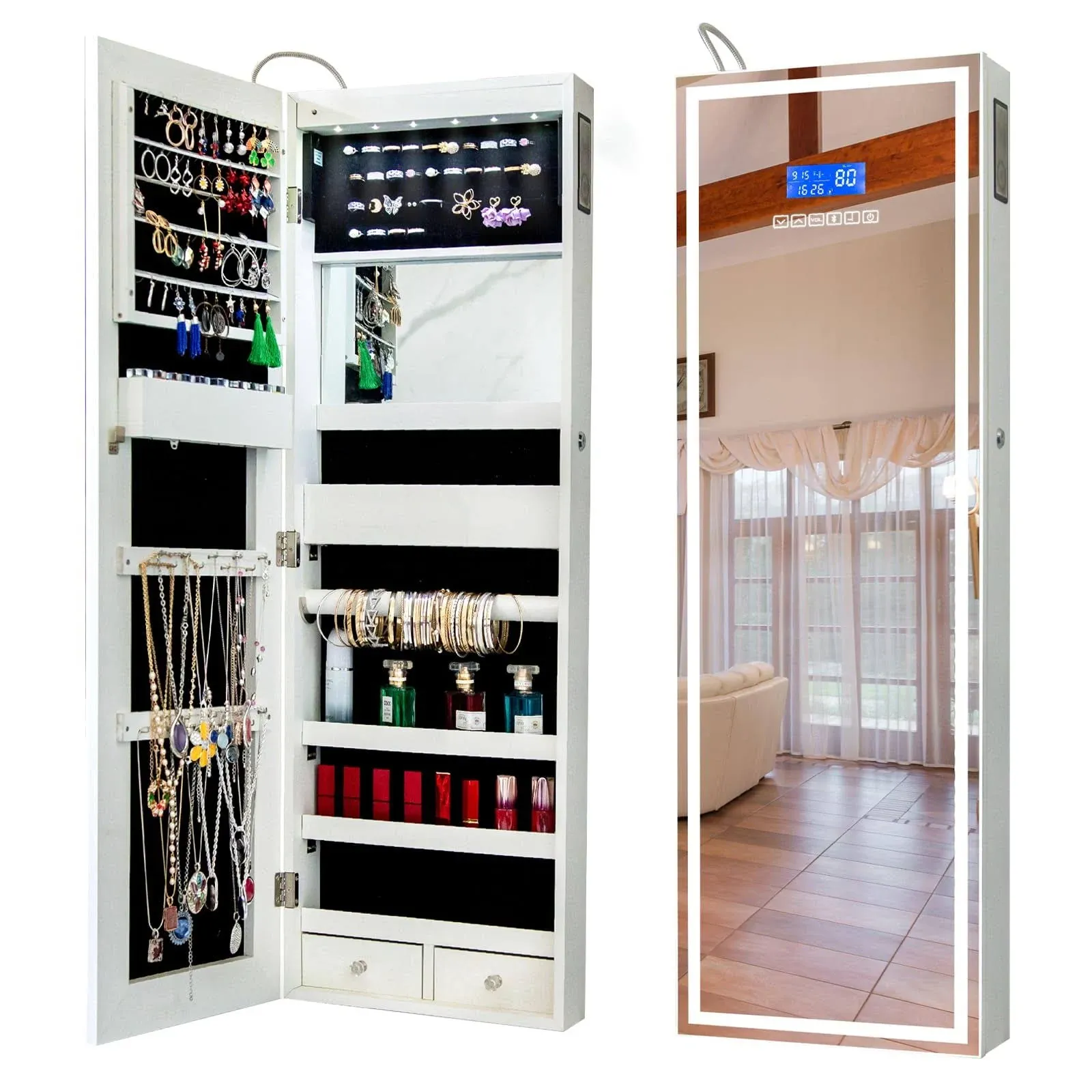 Upgraded Jewelry Armoire Organizer with Bluetooth Speaker, Stand Jewelry Cabinet with Lighted Full Length Mirror,Standing Jewelry Armoire with magnetic lock,Jewelry Storage Mirror White