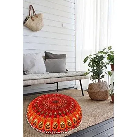 Anokhiart 32 inch Cotton Round Floor Pillow Cover Red Indian Mandala Pillow Cover Cushion Cover Ottoman Pouf Cover