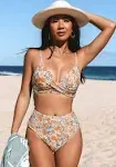 Floral Print Twist Bralette & Spliced High Waist Bikini Set