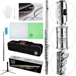 Rhythm C Flutes with Engraved Flower Closed Hole 16 Keys Flute For Student, Beginner with Stand, Carrying Case,Cleaning Kit, Gloves, Tuning Rod, Nickel