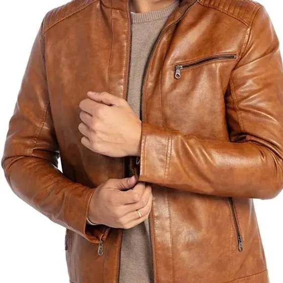 Men&#x27;s Stand Collar Leather Jacket Motorcycle Lightweight Faux Leather Outwear