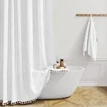 BTTN Extra Long Shower Curtain, 72x84 Inch Long Boho Tassel Linen Fabric Thick Shower Curtain Set with Plastic Hooks, Large Modern Farmhouse Country Decorative Cloth Shower Curtain for Bathroom, White