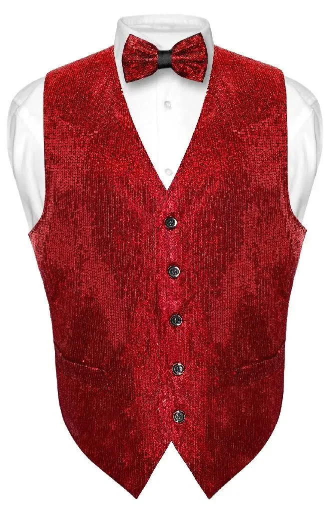 Vesuvio Napoli Men's Sequin Design Dress Vest & Bow Tie Red Color Bowtie Set for ...