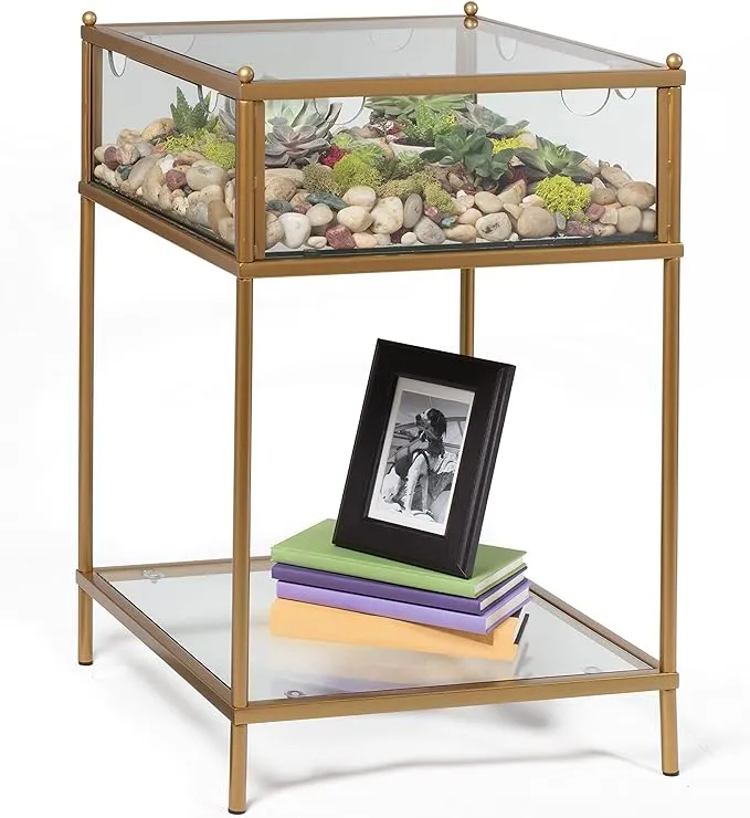 Square Terrarium Display End Table with Reinforced Glass in Gold Iron