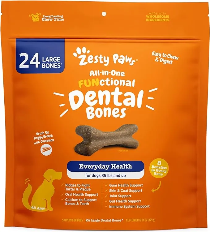 Zesty Paws Dental Bones for Large Dogs - Fights Tartar & Plaque - Gum, Teeth & Bone Health - Cinnamon for Dog Breath - Immune, Joint, Gut, Skin & Coat Support - Omega 3 EPA & DHA and Calcium - 24 ct