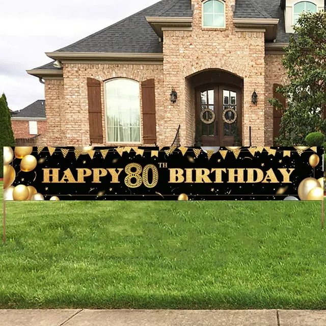 80th Birthday Party Decorations - 9.8x1.6ft Black Gold Banner Sign Supplies B002