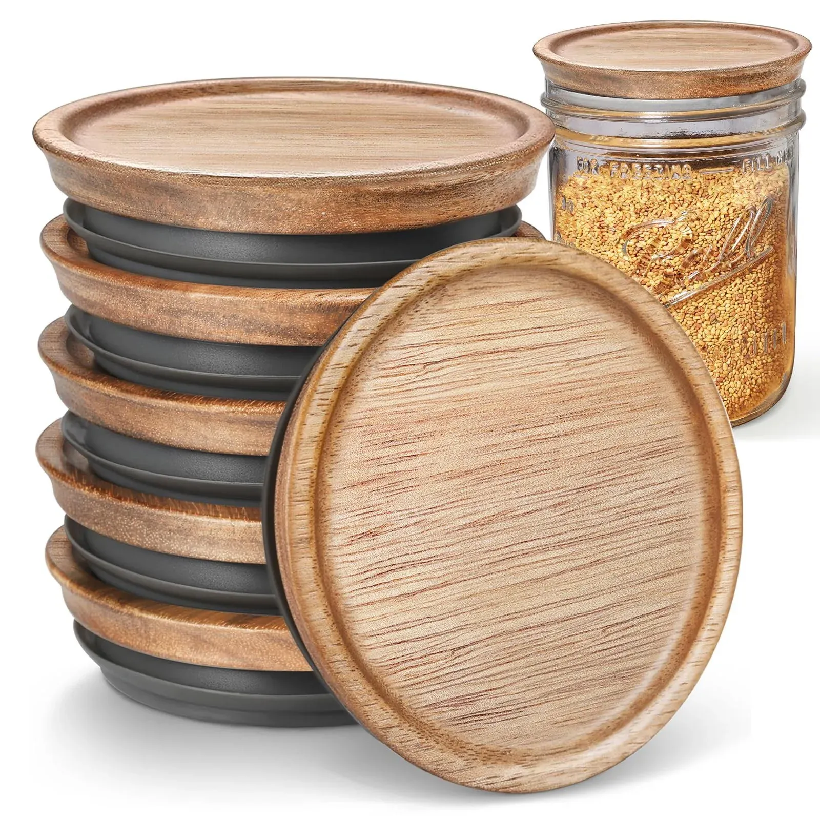 6-Pack Wide Mouth Wooden Mason Jar Lids for Ball/Mason Jars, Reusable Acacia Woo