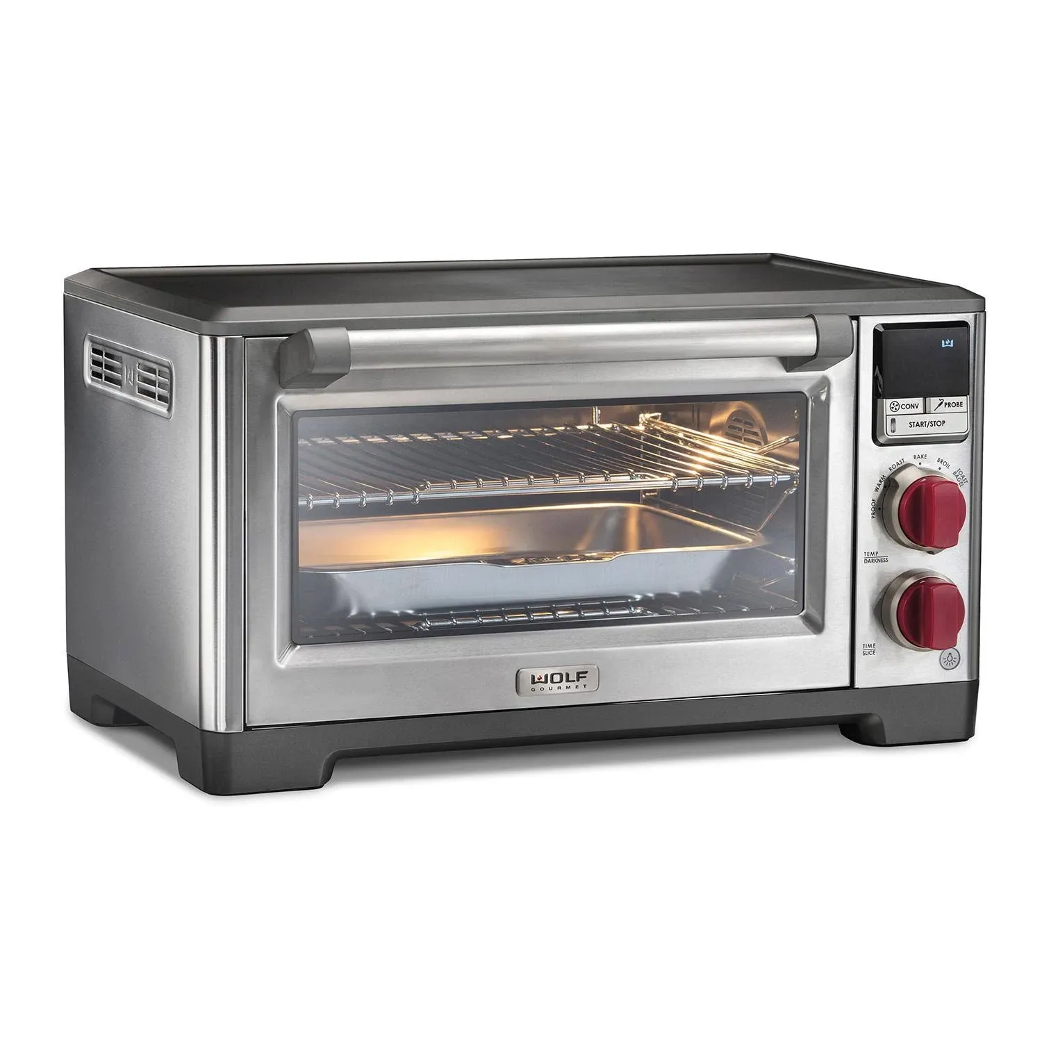 Wolf Gourmet Elite Digital Countertop Convection Toaster Oven with Temperature Probe and 7 Cooking Modes, Stainless Steel, Silver Knobs with Black Knob accessories (WGCO170SR)