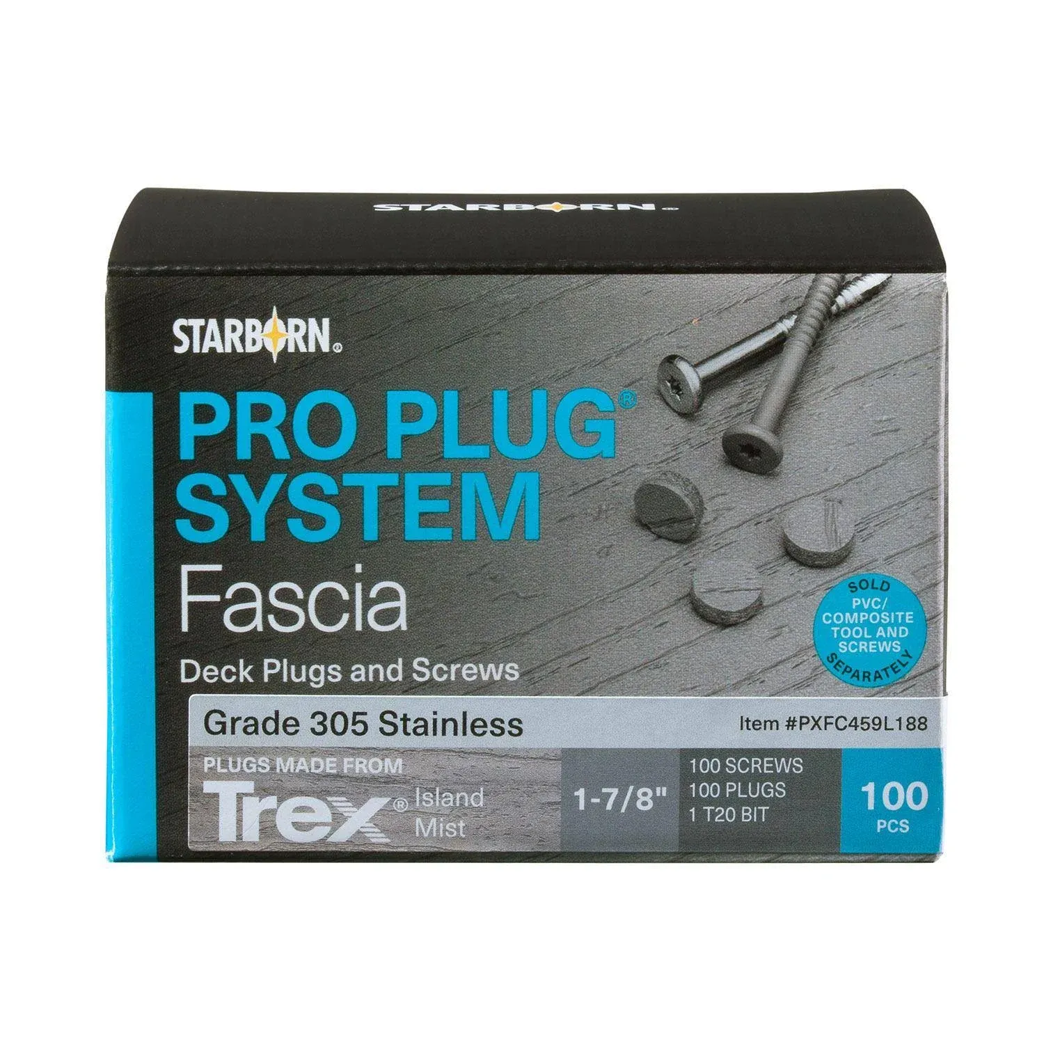 Pro Plug System for Fascia Plug & Screw Kit - Trex Toasted Sand Fascia Plugs & Stainless Steel Screws- 9 x 1-7/8" T-20 Star Dr- 100 Pieces