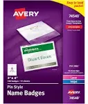 Avery Pin-Style Badge Holder with Laser-Inkjet Insert, Top Load, 4 x 3, White, 100-box