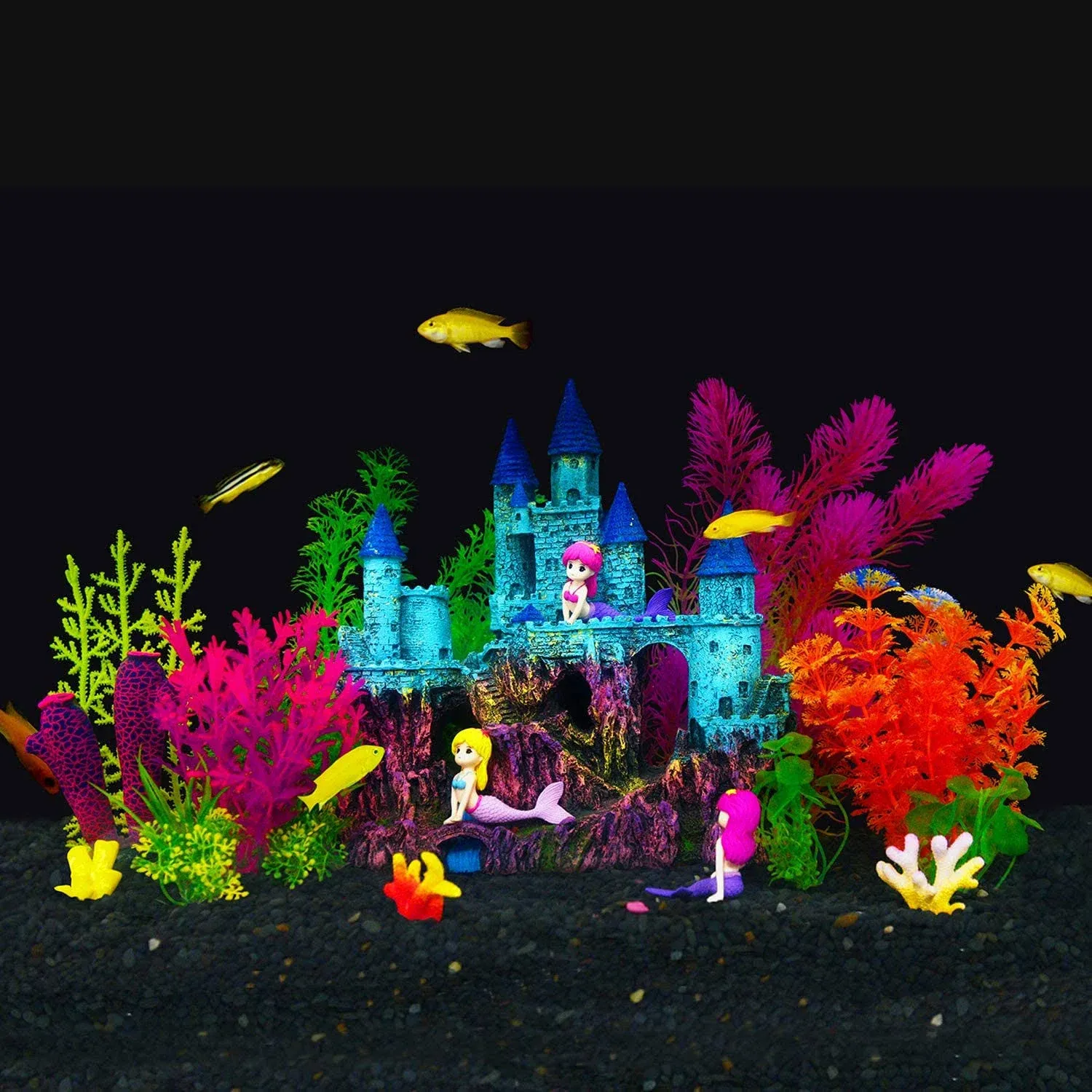 GreenJoy Aquarium Fish Tank Decorations Theme Set Plastic Plants Cave –... 