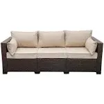 WAROOM Patio Couch PE Wicker 3-Seat Outdoor Brown Rattan Sofa Deep Seating Furniture with Non-Slip Beige Cushion