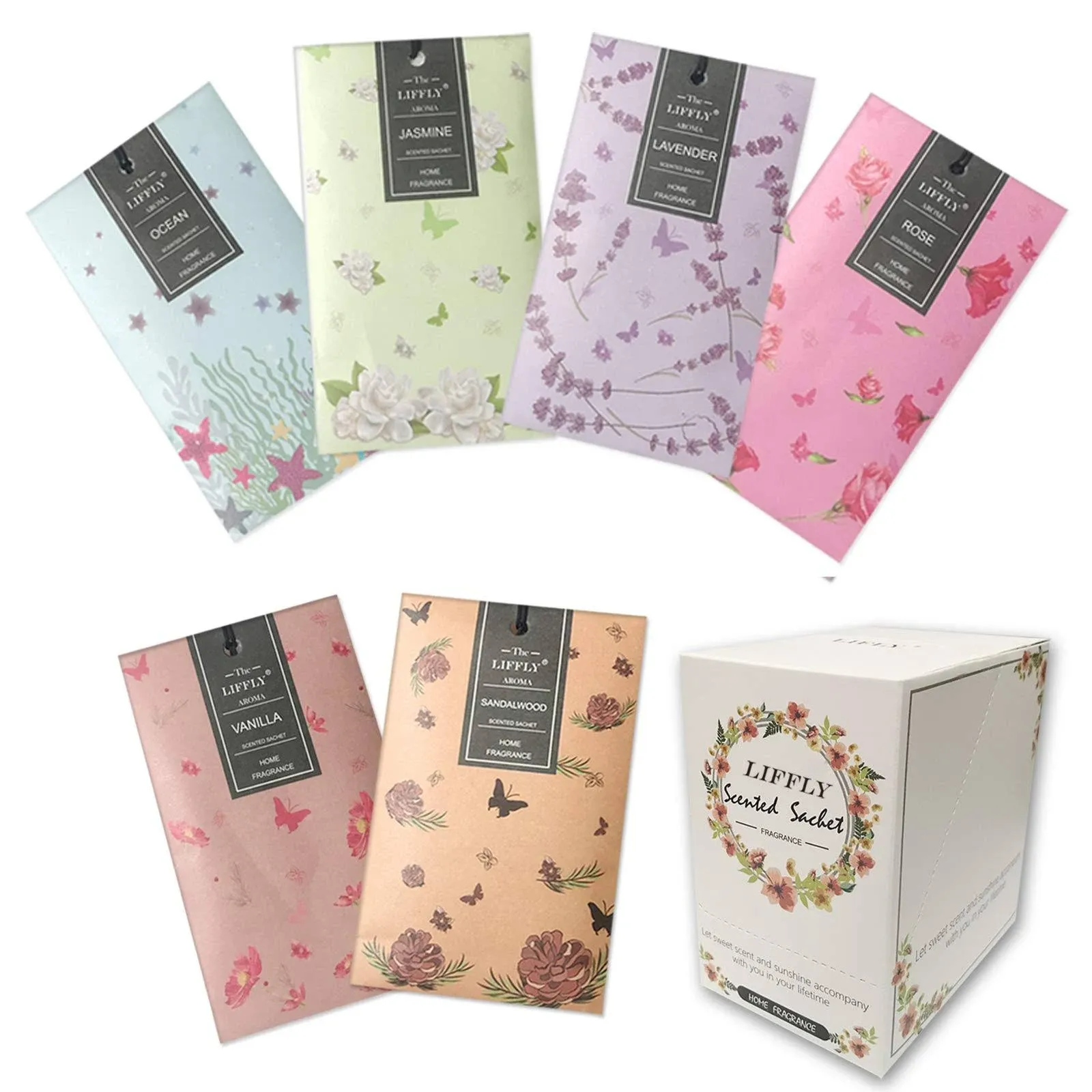 LIFFLY 14 Packs Scented Sachets for Drawers and Closets Lavender, Rose, Jasmine ...