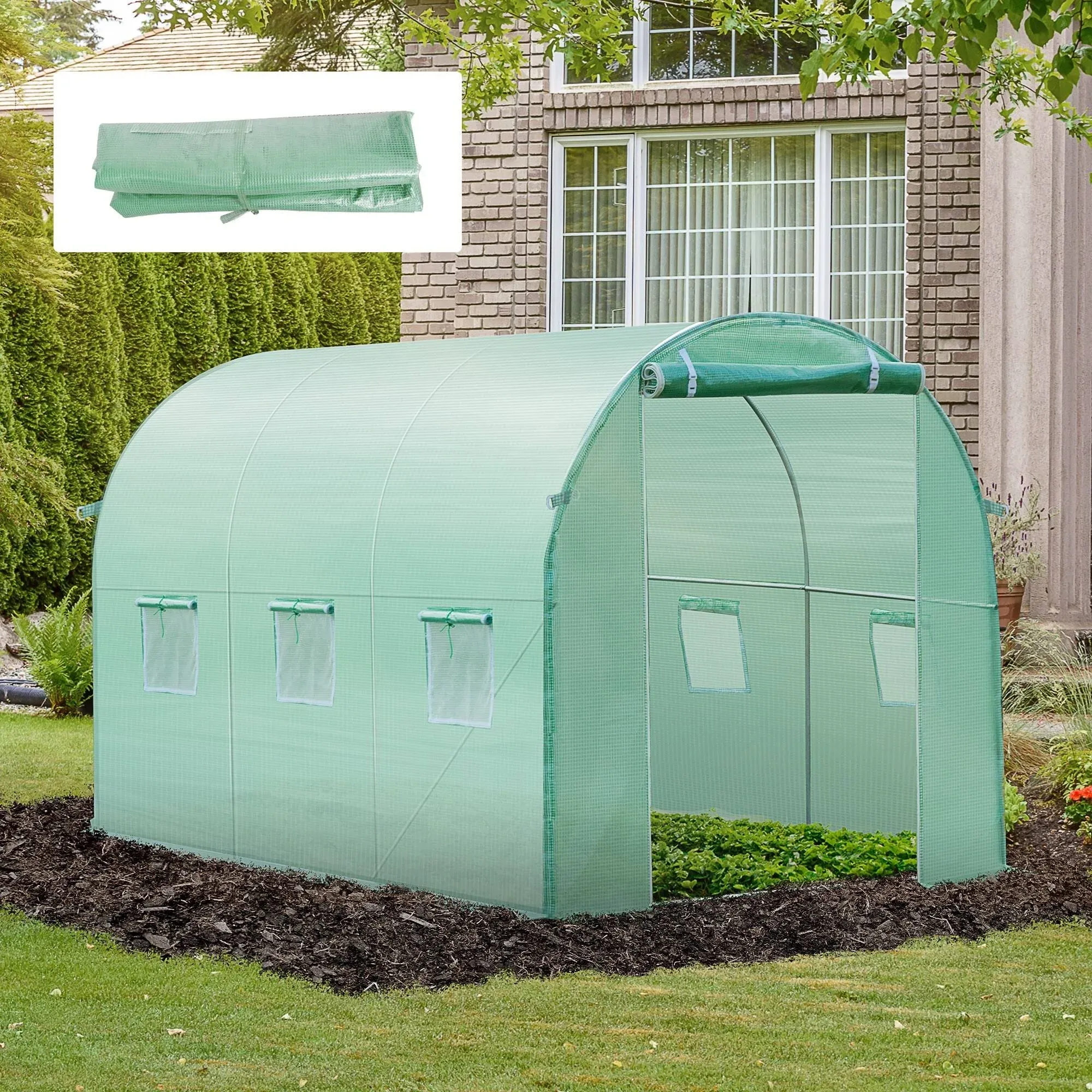 Outsunny Replacement Greenhouse Cover Tarp with 12 Windows for Ventilation & Zipper Door, Green - 10'x6.6'x6.6'