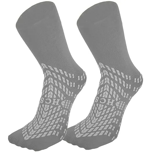 HCS Hospital Socks with Grips for Women & Men (6 Pairs) - Non Slip Socks for Elderly/Non Skid Socks for Seniors - Fall Risk Patient Slippers (Gray)