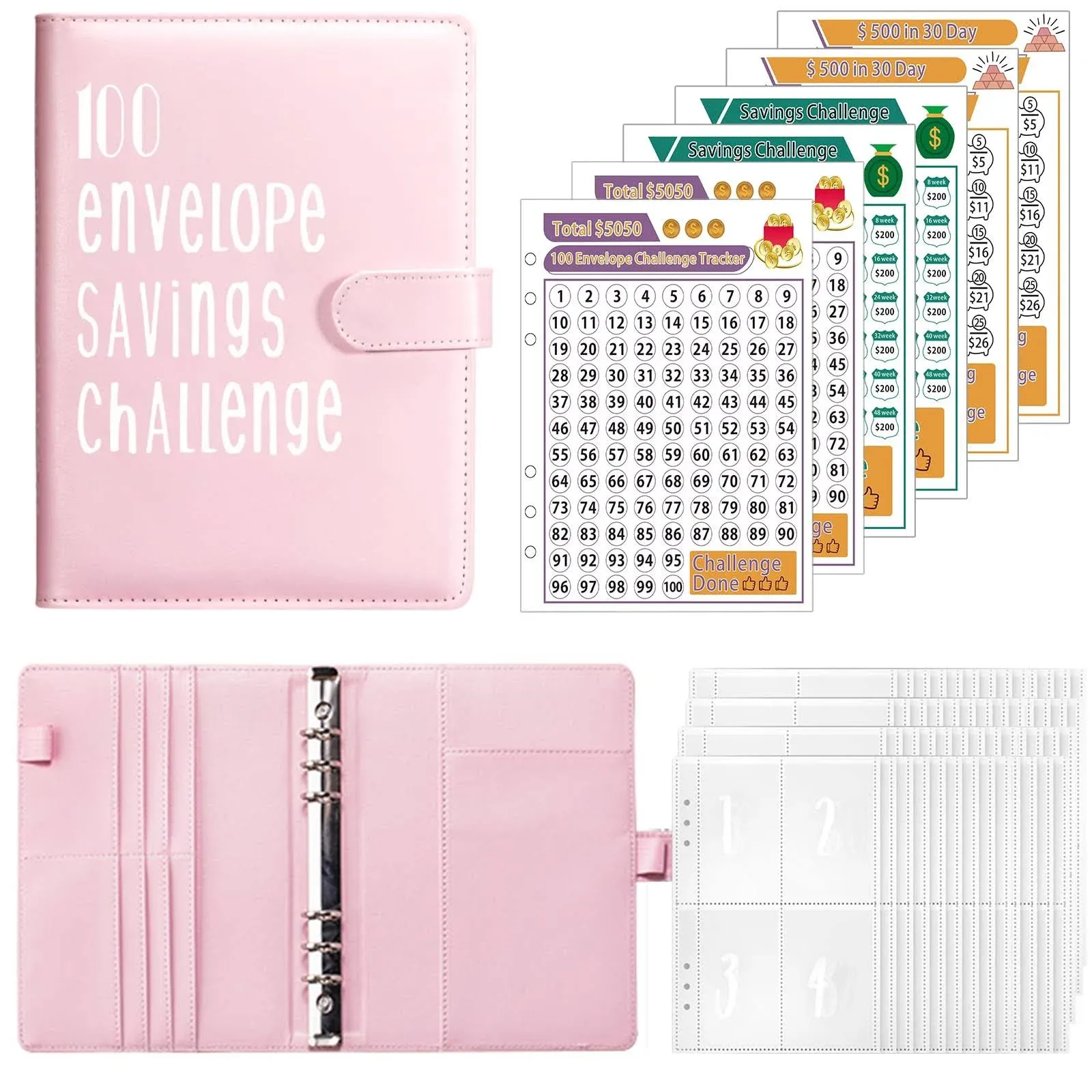 100 Envelopes Money Saving Challenge, A5 Money Saving Budget Binder with Cash Envelopes, Saving Challenge Book - Easy and Fun Way to Save $5,050, (Pink)