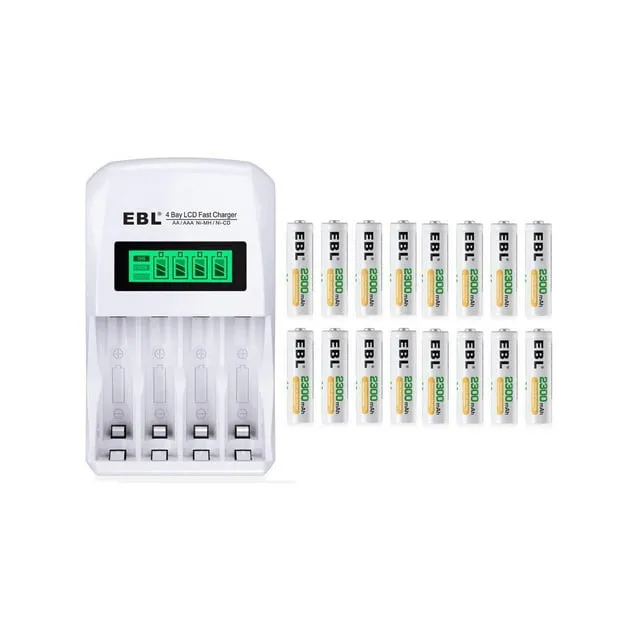 EBL Rechargeable AA Batteries (16-Pack), 2300mAh Double a Batteries + LCD Battery Charger for AA AAA Ni-MH Ni-CD Batteries