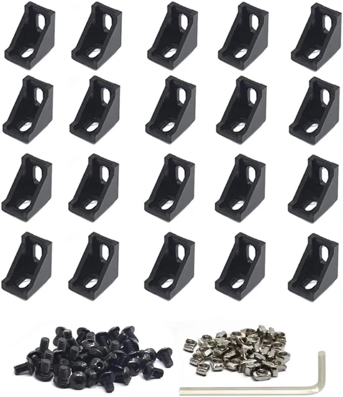 Iverntech 20pcs Black Aluminum Corner Bracket Connector Inside Joint Plate Fastener with 40pcs M5 T Nuts+40 pcs M5 Screw+1pcs Wrench for Standard 6mm Slot 2020 Series Aluminum Extrusion Profile