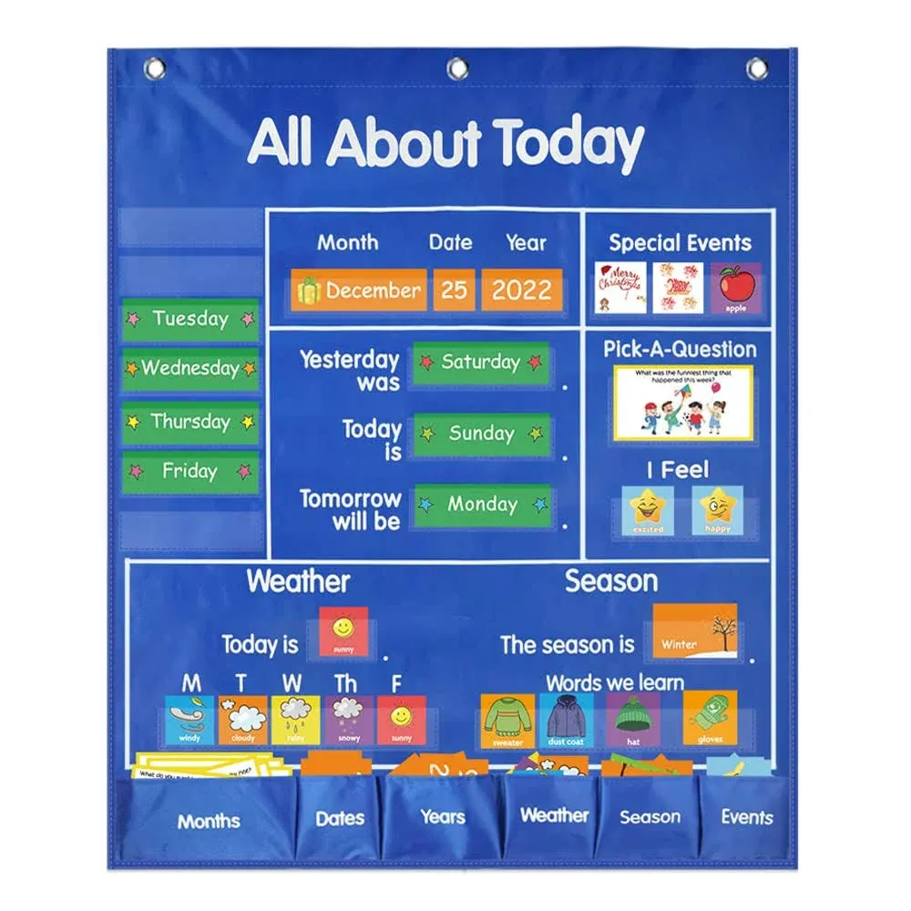 All About Today Learning Center Pocket Chart Classroom Daily Activities Chart Center,Weather & Calendar Pocket Chart Circle Time (Blue)