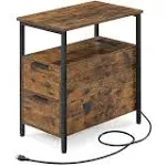 Side Table with Charging Station Rustic Brown and Black