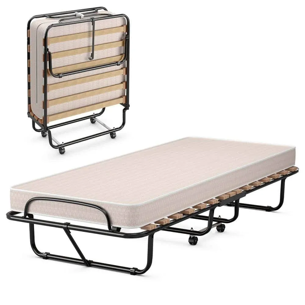 Costway Portable Steel Folding Bed with Mattress Rollaway Cot in Beige