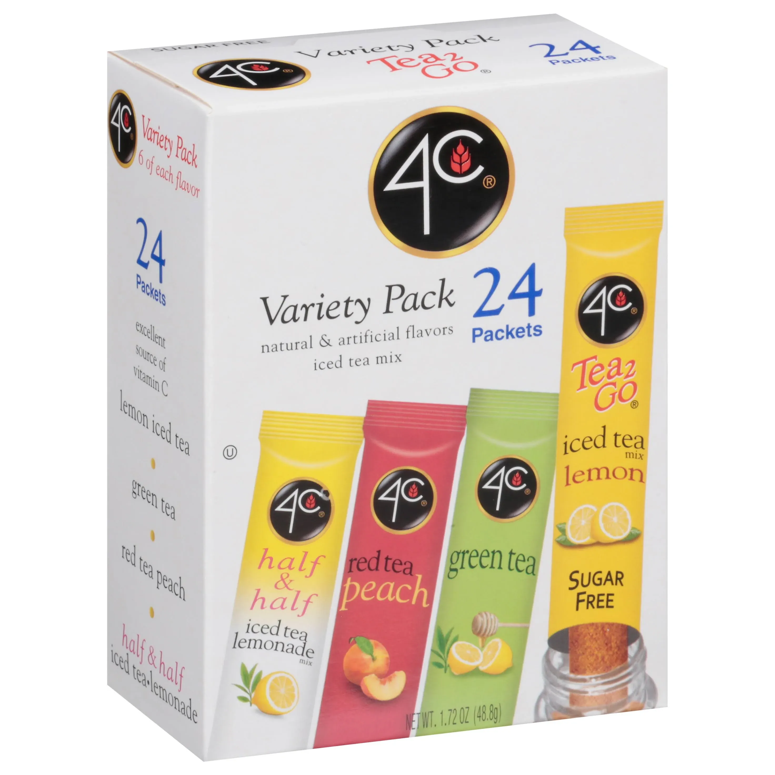 4C Powder Drink Mix Packets, Iced Tea Variety 1 Pack, 24 Count, Singles Stix On the Go, Refreshing Sugar Free Water Flavorings