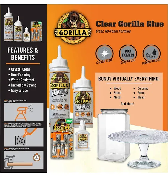 Gorilla Clear Glue, 5.75 Ounce Bottle, Clear, (Pack of 2)