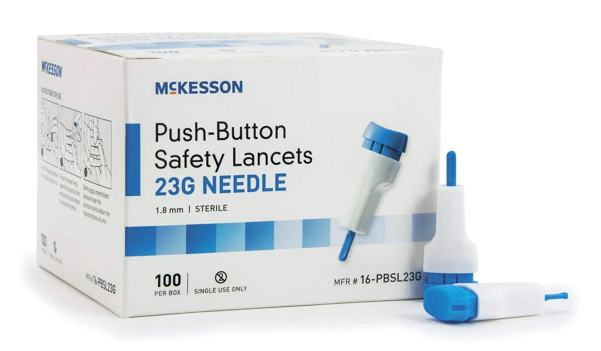 McKesson Lancet, Push-Button Safety, Blue, Depth Settings - 1.8 Mm Depth, 100per Box, 12 Oz 23 G